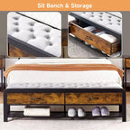 Cadre de lit plateforme Queen avec tête de lit, 2 tiroirs de rangement et tabouret assorti, supports métalliques robustes, pas besoin de sommier tapissier, silencieux