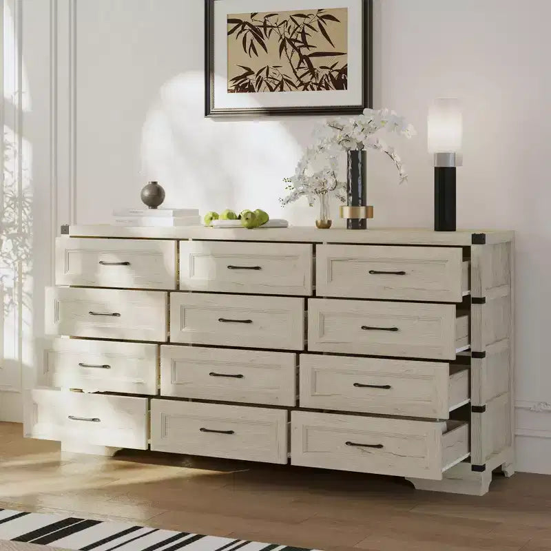 Commode Coiffeuse Industrielle Vintage Famapy, Commode à 12 Tiroirs avec Accents d'Angle Métalliques et Plateau Spacieux, Rangement Multi-Espaces pour Chambre, Salon, Entrée