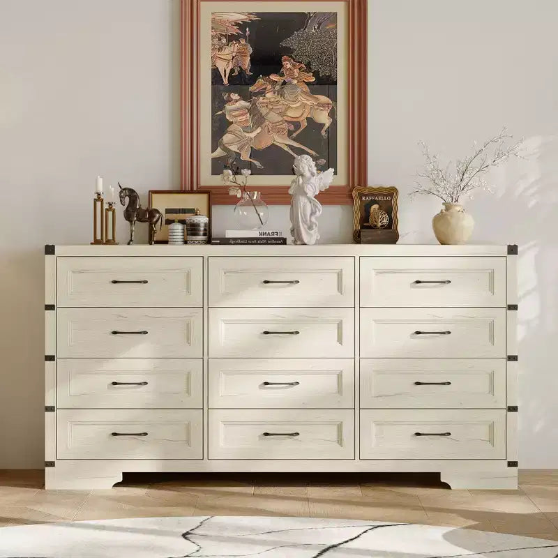 Commode Coiffeuse Industrielle Vintage Famapy, Commode à 12 Tiroirs avec Accents d'Angle Métalliques et Plateau Spacieux, Rangement Multi-Espaces pour Chambre, Salon, Entrée