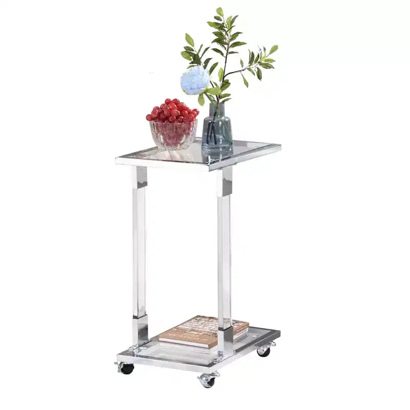 Table d'appoint moderne en verre Okak avec pieds en acrylique, table en forme de C avec base en métal chromé, tables de service pour salon, chambre, balcon
