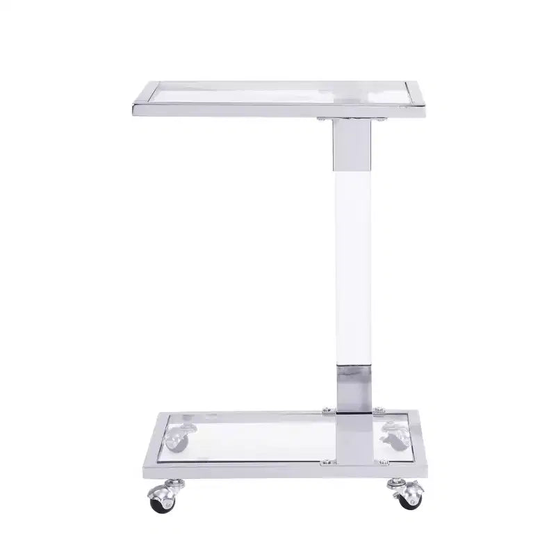Table d'appoint moderne en verre Okak avec pieds en acrylique, table en forme de C avec base en métal chromé, tables de service pour salon, chambre, balcon