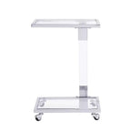 Table d'appoint moderne en verre Okak avec pieds en acrylique, table en forme de C avec base en métal chromé, tables de service pour salon, chambre, balcon