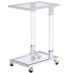 Table d'appoint moderne en verre Okak avec pieds en acrylique, table en forme de C avec base en métal chromé, tables de service pour salon, chambre, balcon