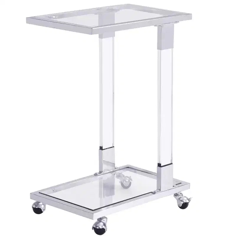 Table d'appoint moderne en verre Okak avec pieds en acrylique, table en forme de C avec base en métal chromé, tables de service pour salon, chambre, balcon