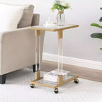 Table d'appoint moderne en verre Okak avec pieds en acrylique, table en forme de C avec base en métal chromé, tables de service pour salon, chambre, balcon