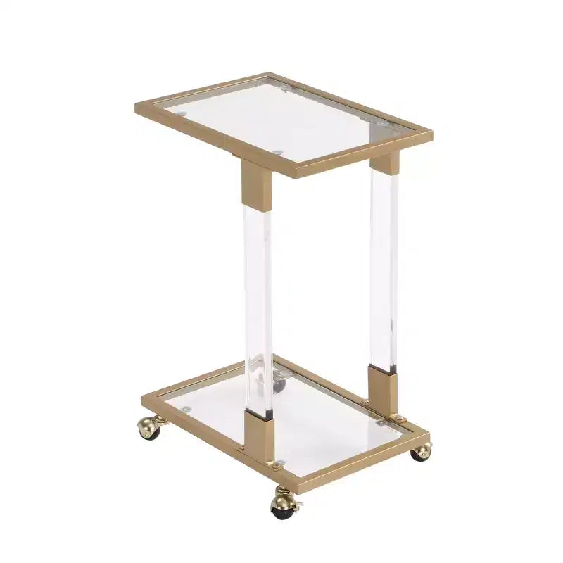 Table d'appoint moderne en verre Okak avec pieds en acrylique, table en forme de C avec base en métal chromé, tables de service pour salon, chambre, balcon