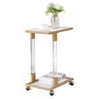 Table d'appoint moderne en verre Okak avec pieds en acrylique, table en forme de C avec base en métal chromé, tables de service pour salon, chambre, balcon