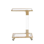 Table d'appoint moderne en verre Okak avec pieds en acrylique, table en forme de C avec base en métal chromé, tables de service pour salon, chambre, balcon