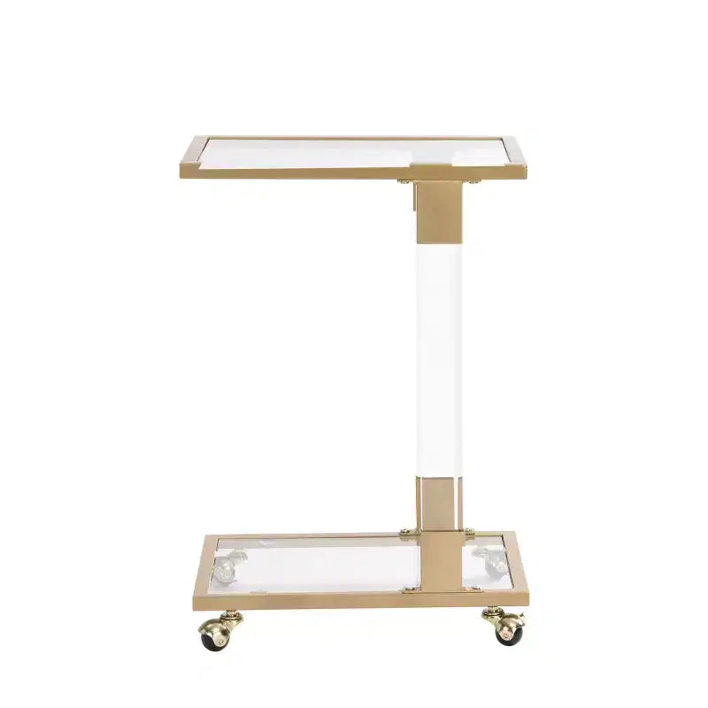 Table d'appoint moderne en verre Okak avec pieds en acrylique, table en forme de C avec base en métal chromé, tables de service pour salon, chambre, balcon