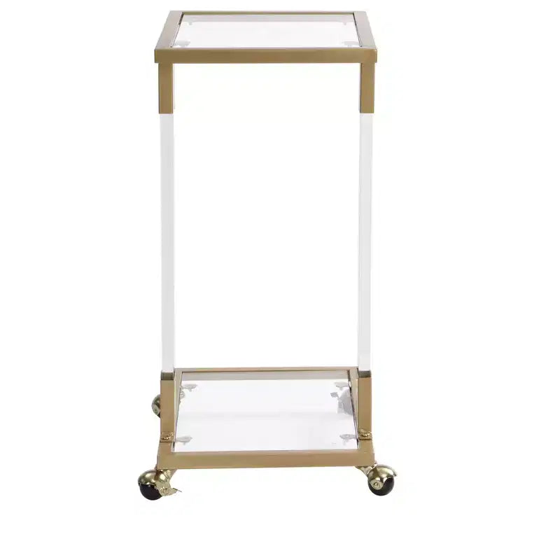 Table d'appoint moderne en verre Okak avec pieds en acrylique, table en forme de C avec base en métal chromé, tables de service pour salon, chambre, balcon