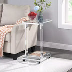 Table d'appoint moderne en verre Okak avec pieds en acrylique, table en forme de C avec base en métal chromé, tables de service pour salon, chambre, balcon