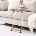 Table d'appoint moderne en verre Okak avec pieds en acrylique, table en forme de C avec base en métal chromé, tables de service pour salon, chambre, balcon
