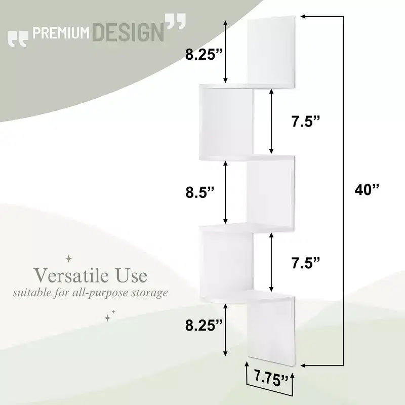 Sorbus Étagère murale d'angle flottante zig-zag à 5 niveaux (101,6 cm de haut) pour salon, chambre, bureau et plus – Solution de rangement peu encombrante
