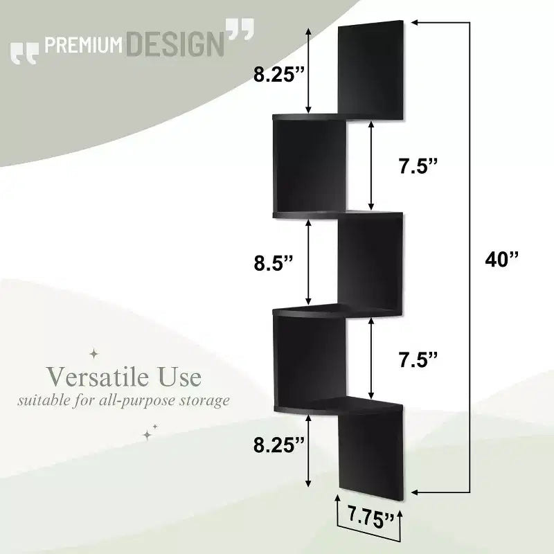 Sorbus Étagère murale d'angle flottante zig-zag à 5 niveaux (101,6 cm de haut) pour salon, chambre, bureau et plus – Solution de rangement peu encombrante