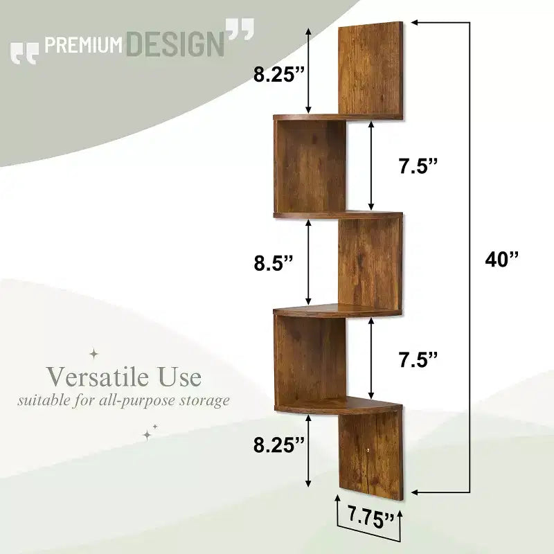 Sorbus Étagère murale d'angle flottante zig-zag à 5 niveaux (101,6 cm de haut) pour salon, chambre, bureau et plus – Solution de rangement peu encombrante