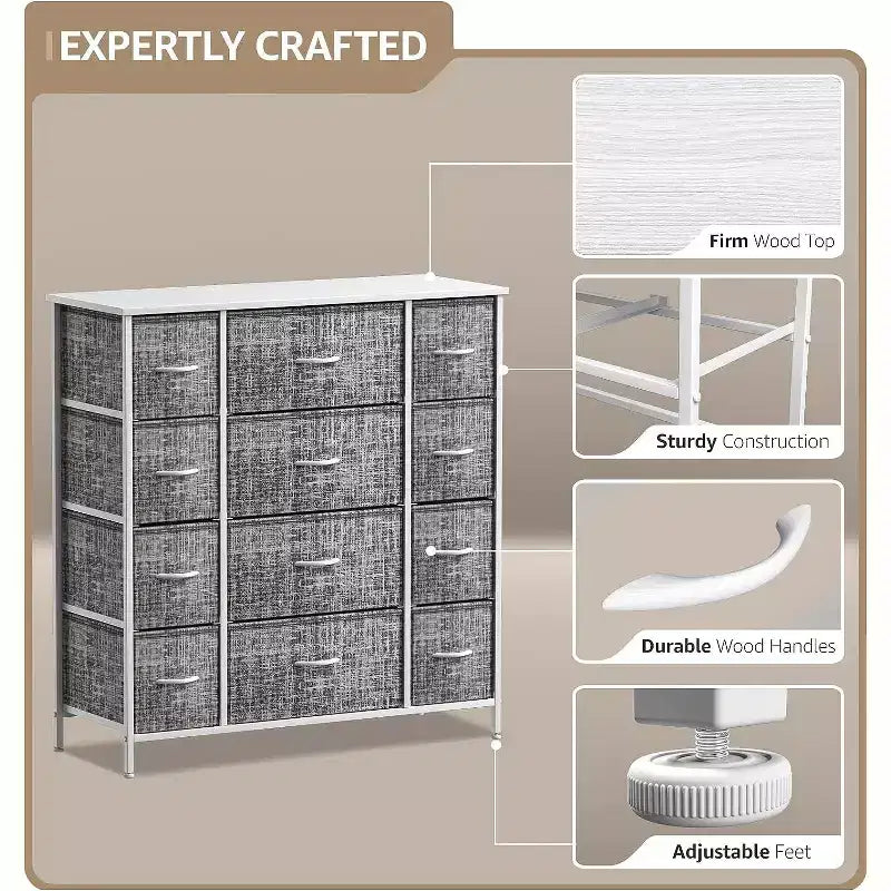 Commode Sorbus à 12 tiroirs – Unité de rangement avec cadre en acier, plateau et poignée en bois – Grande commode pour chambre, chambre d'enfant, etc.