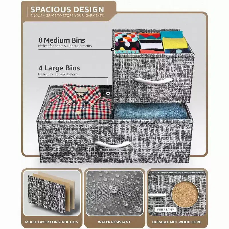 Commode Sorbus à 12 tiroirs – Unité de rangement avec cadre en acier, plateau et poignée en bois – Grande commode pour chambre, chambre d'enfant, etc.