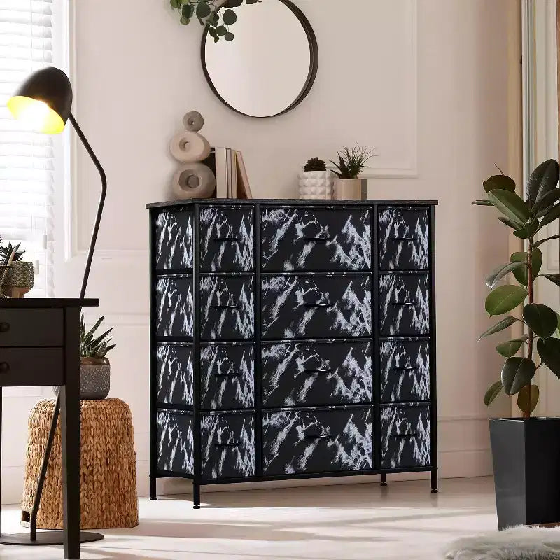 Commode Sorbus à 12 tiroirs – Unité de rangement avec cadre en acier, plateau et poignée en bois – Grande commode pour chambre, chambre d'enfant, etc.