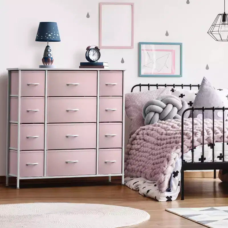 Commode Sorbus à 12 tiroirs – Unité de rangement avec cadre en acier, plateau et poignée en bois – Grande commode pour chambre, chambre d'enfant, etc.