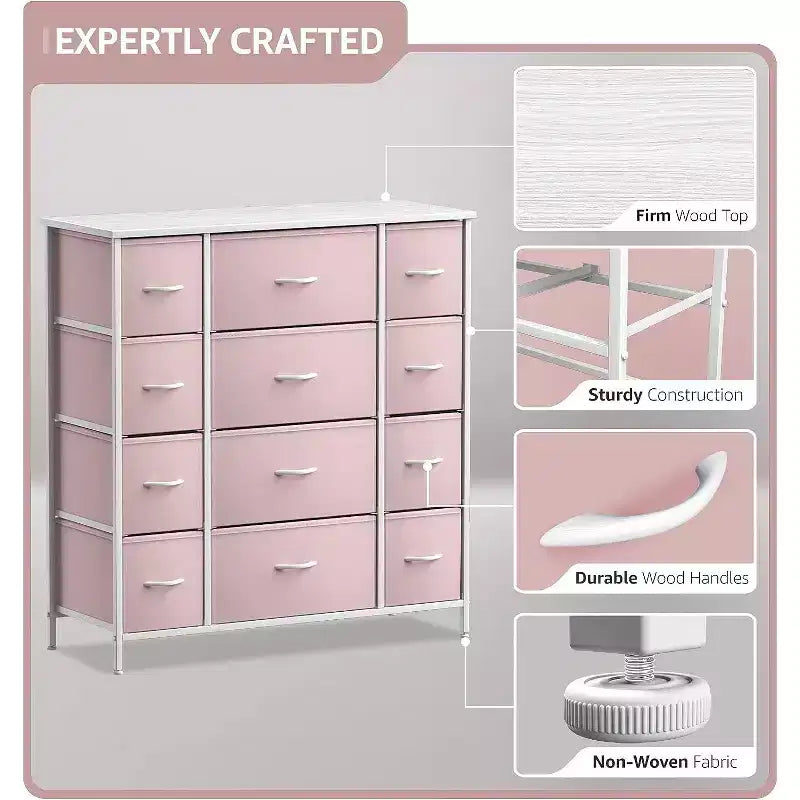 Commode Sorbus à 12 tiroirs – Unité de rangement avec cadre en acier, plateau et poignée en bois – Grande commode pour chambre, chambre d'enfant, etc.