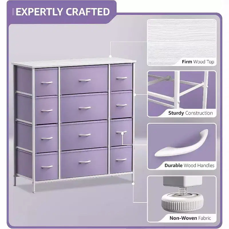Commode Sorbus à 12 tiroirs – Unité de rangement avec cadre en acier, plateau et poignée en bois – Grande commode pour chambre, chambre d'enfant, etc.