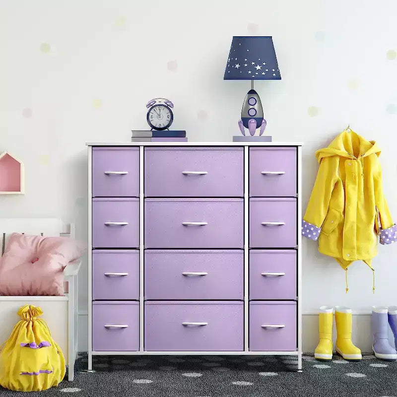 Commode Sorbus à 12 tiroirs – Unité de rangement avec cadre en acier, plateau et poignée en bois – Grande commode pour chambre, chambre d'enfant, etc.