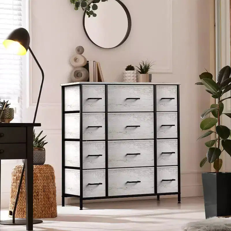 Commode Sorbus à 12 tiroirs – Unité de rangement avec cadre en acier, plateau et poignée en bois – Grande commode pour chambre, chambre d'enfant, etc.