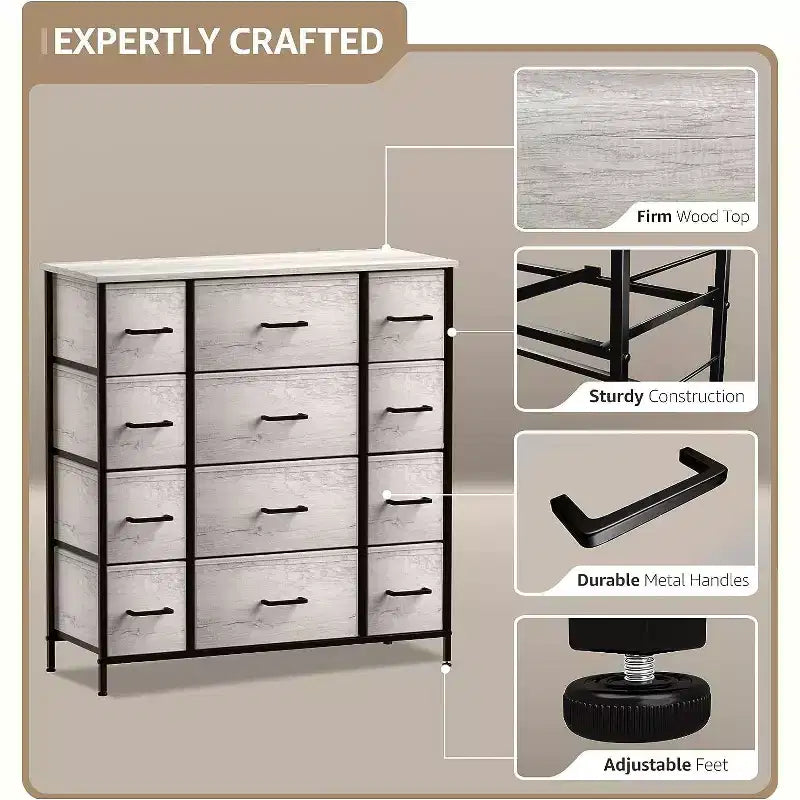 Commode Sorbus à 12 tiroirs – Unité de rangement avec cadre en acier, plateau et poignée en bois – Grande commode pour chambre, chambre d'enfant, etc.