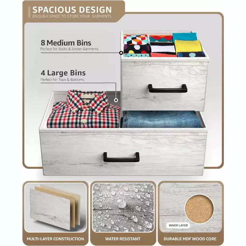 Commode Sorbus à 12 tiroirs – Unité de rangement avec cadre en acier, plateau et poignée en bois – Grande commode pour chambre, chambre d'enfant, etc.