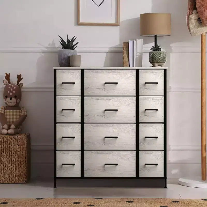 Commode Sorbus à 12 tiroirs – Unité de rangement avec cadre en acier, plateau et poignée en bois – Grande commode pour chambre, chambre d'enfant, etc.