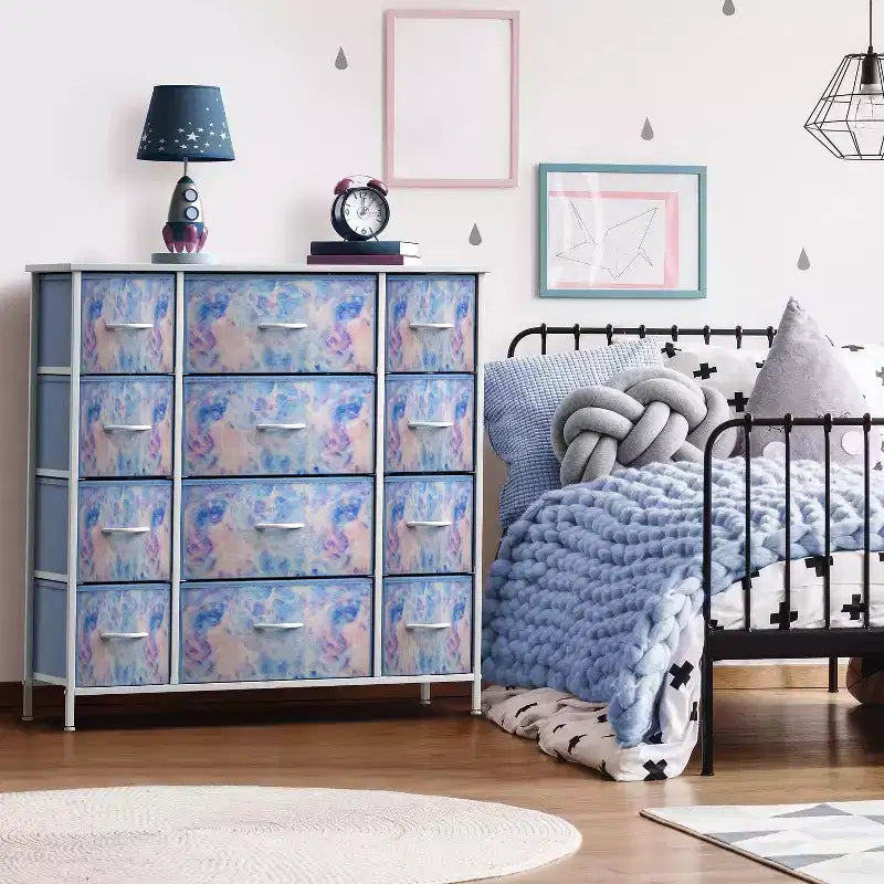 Commode Sorbus à 12 tiroirs – Unité de rangement avec cadre en acier, plateau et poignée en bois – Grande commode pour chambre, chambre d'enfant, etc.