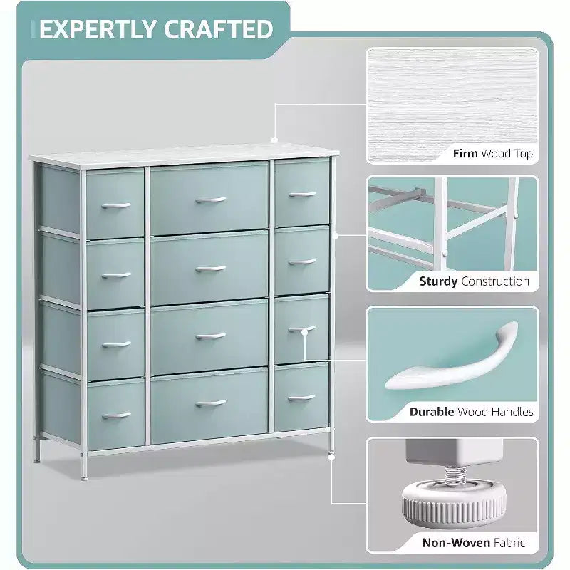 Commode Sorbus à 12 tiroirs – Unité de rangement avec cadre en acier, plateau et poignée en bois – Grande commode pour chambre, chambre d'enfant, etc.