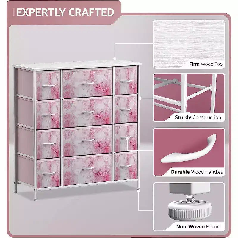 Commode Sorbus à 12 tiroirs – Unité de rangement avec cadre en acier, plateau et poignée en bois – Grande commode pour chambre, chambre d'enfant, etc.