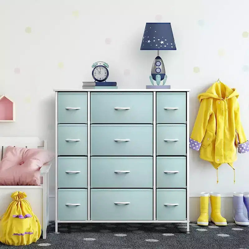 Commode Sorbus à 12 tiroirs – Unité de rangement avec cadre en acier, plateau et poignée en bois – Grande commode pour chambre, chambre d'enfant, etc.
