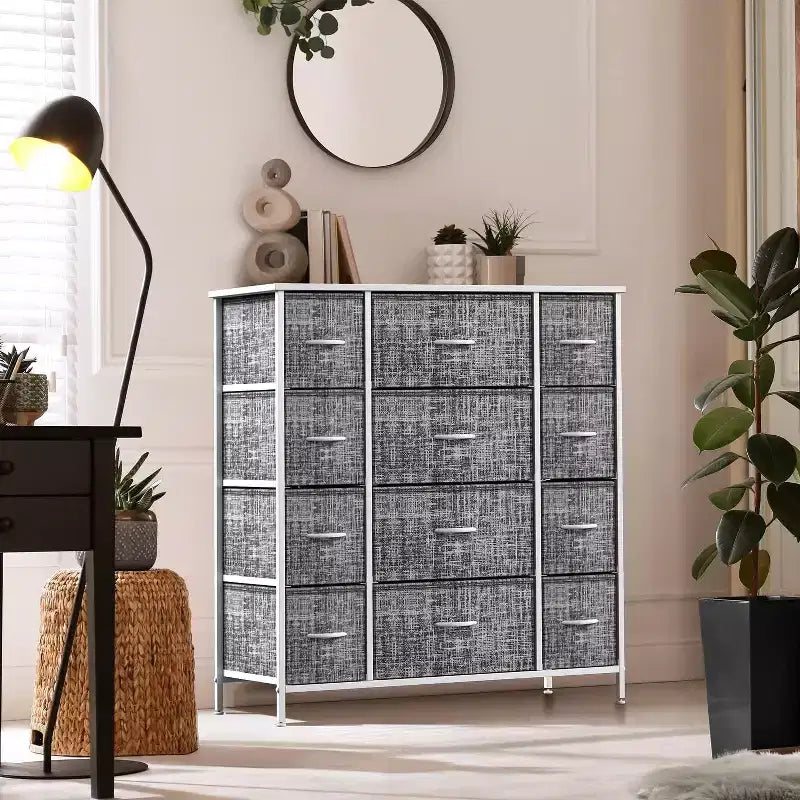 Commode Sorbus à 12 tiroirs – Unité de rangement avec cadre en acier, plateau et poignée en bois – Grande commode pour chambre, chambre d'enfant, etc.