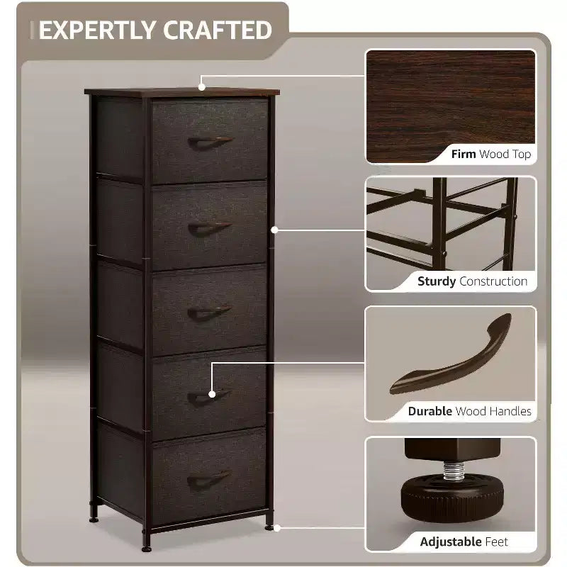 Table de chevet étroite Sorbus à 5 tiroirs avec cadre en acier, plateau en bois, tiroirs en tissu faciles à tirer pour la maison, la chambre, le bureau et le dortoir