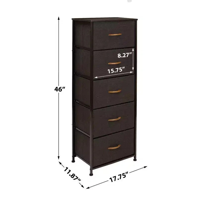 Table de chevet étroite Sorbus à 5 tiroirs avec cadre en acier, plateau en bois, tiroirs en tissu faciles à tirer pour la maison, la chambre, le bureau et le dortoir