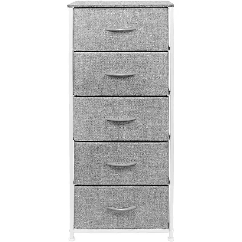 Table de chevet étroite Sorbus à 5 tiroirs avec cadre en acier, plateau en bois, tiroirs en tissu faciles à tirer pour la maison, la chambre, le bureau et le dortoir