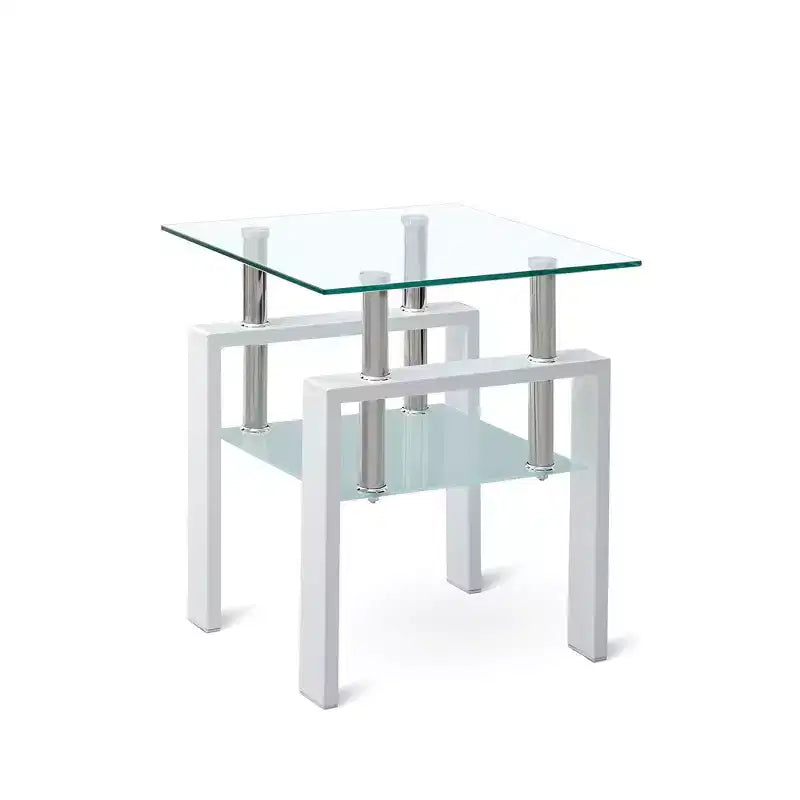 HomeRoots 20 Clear and White Glass and Metal Square End Table With Shelf