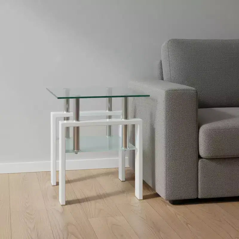 Table d'appoint carrée HomeRoots 20 en verre transparent et blanc et métal avec étagère