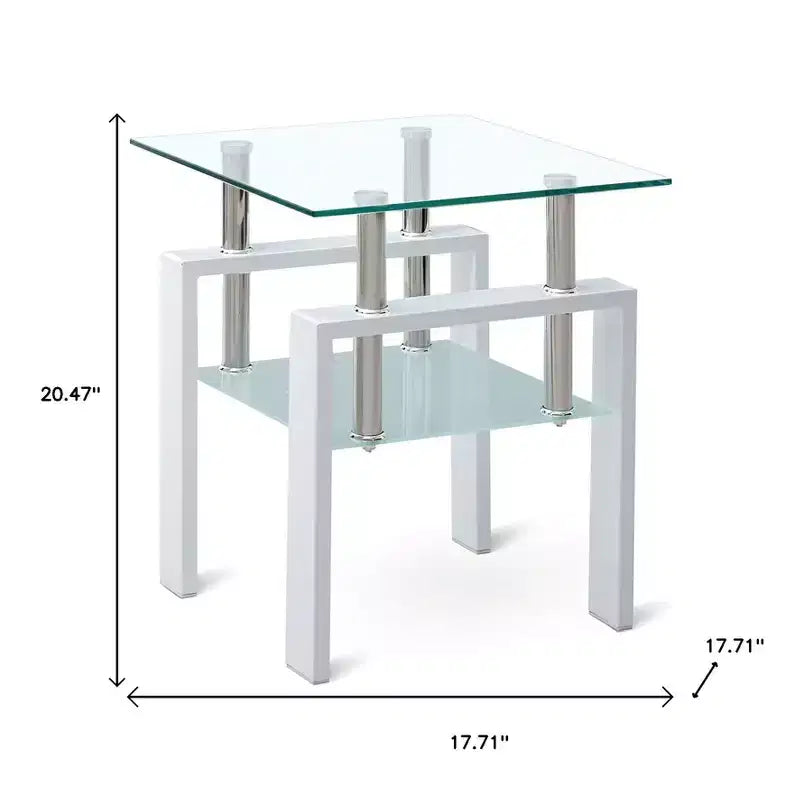 Table d'appoint carrée HomeRoots 20 en verre transparent et blanc et métal avec étagère