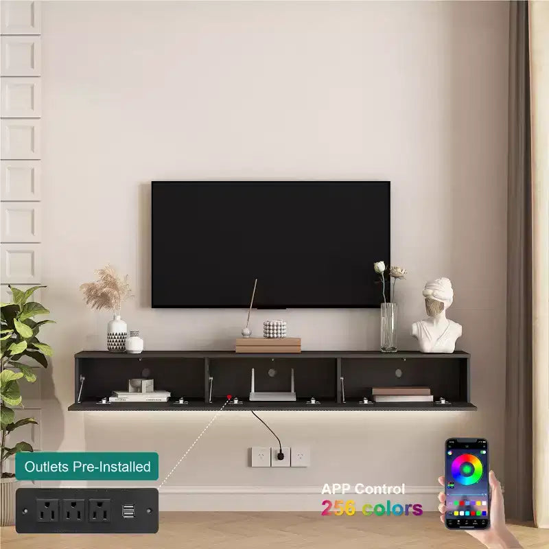 Meuble TV flottant, meuble TV mural flottant de 180 cm, étagère murale flottante pour TV avec lumières LED