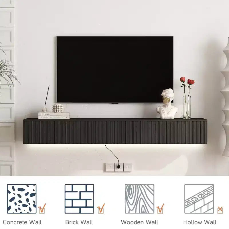 Meuble TV flottant, meuble TV mural flottant de 180 cm, étagère murale flottante pour TV avec lumières LED
