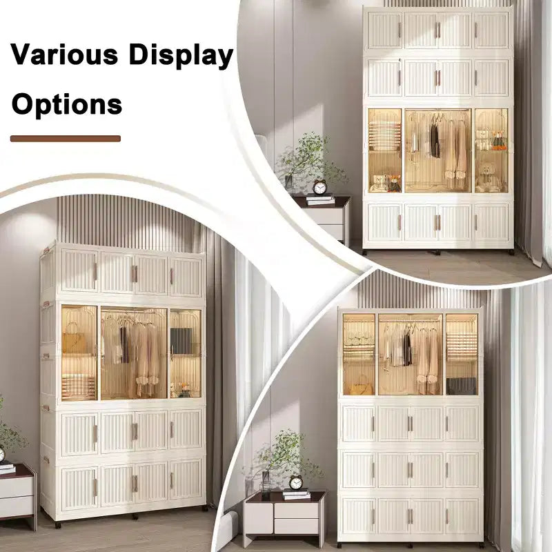 Armoire de rangement portable pour vêtements, armoire de rangement avec porte magnétique transparente et tringle à vêtements pour salon et chambre à coucher