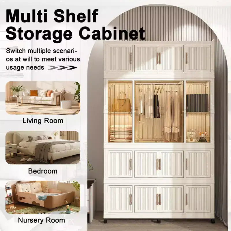 Armoire de rangement portable pour vêtements, armoire de rangement avec porte magnétique transparente et tringle à vêtements pour salon et chambre à coucher
