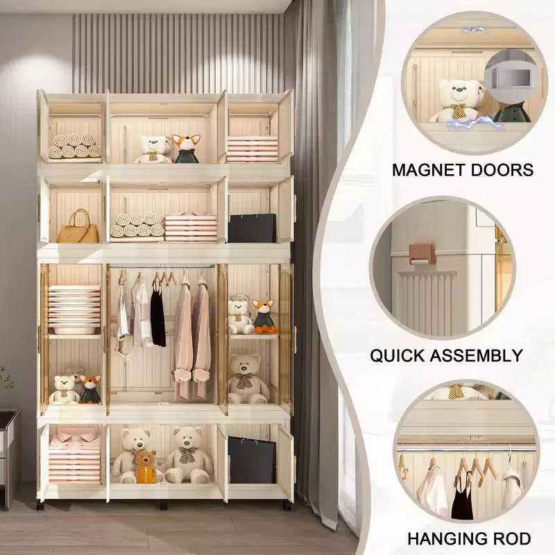 Armoire de rangement portable pour vêtements, armoire de rangement avec porte magnétique transparente et tringle à vêtements pour salon et chambre à coucher