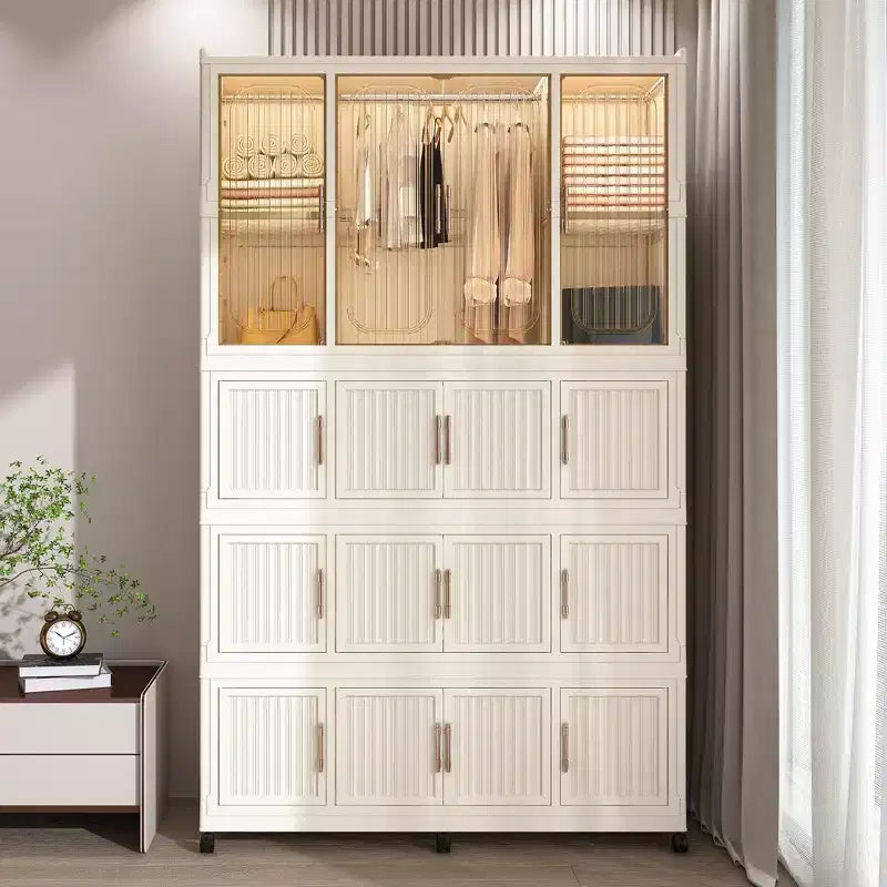 Armoire de rangement portable pour vêtements, armoire de rangement avec porte magnétique transparente et tringle à vêtements pour salon et chambre à coucher