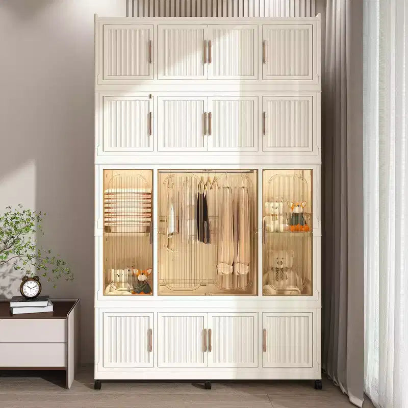 Armoire de rangement portable pour vêtements, armoire de rangement avec porte magnétique transparente et tringle à vêtements pour salon et chambre à coucher