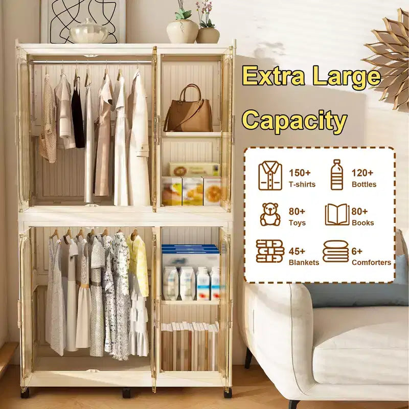 Armoire de rangement portable pour vêtements, armoire de rangement avec porte magnétique transparente et tringle à vêtements pour salon et chambre à coucher