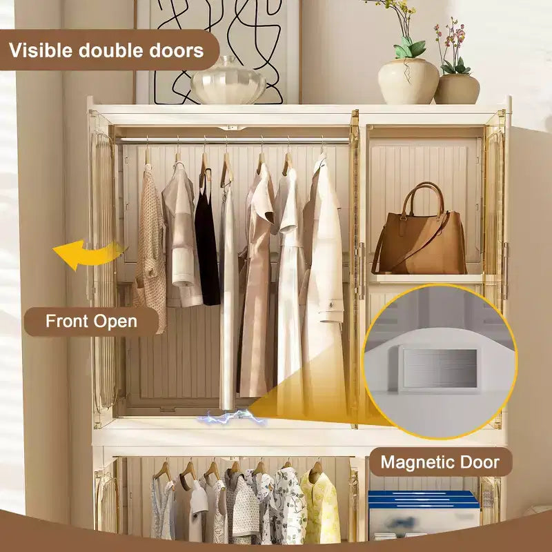 Armoire de rangement portable pour vêtements, armoire de rangement avec porte magnétique transparente et tringle à vêtements pour salon et chambre à coucher